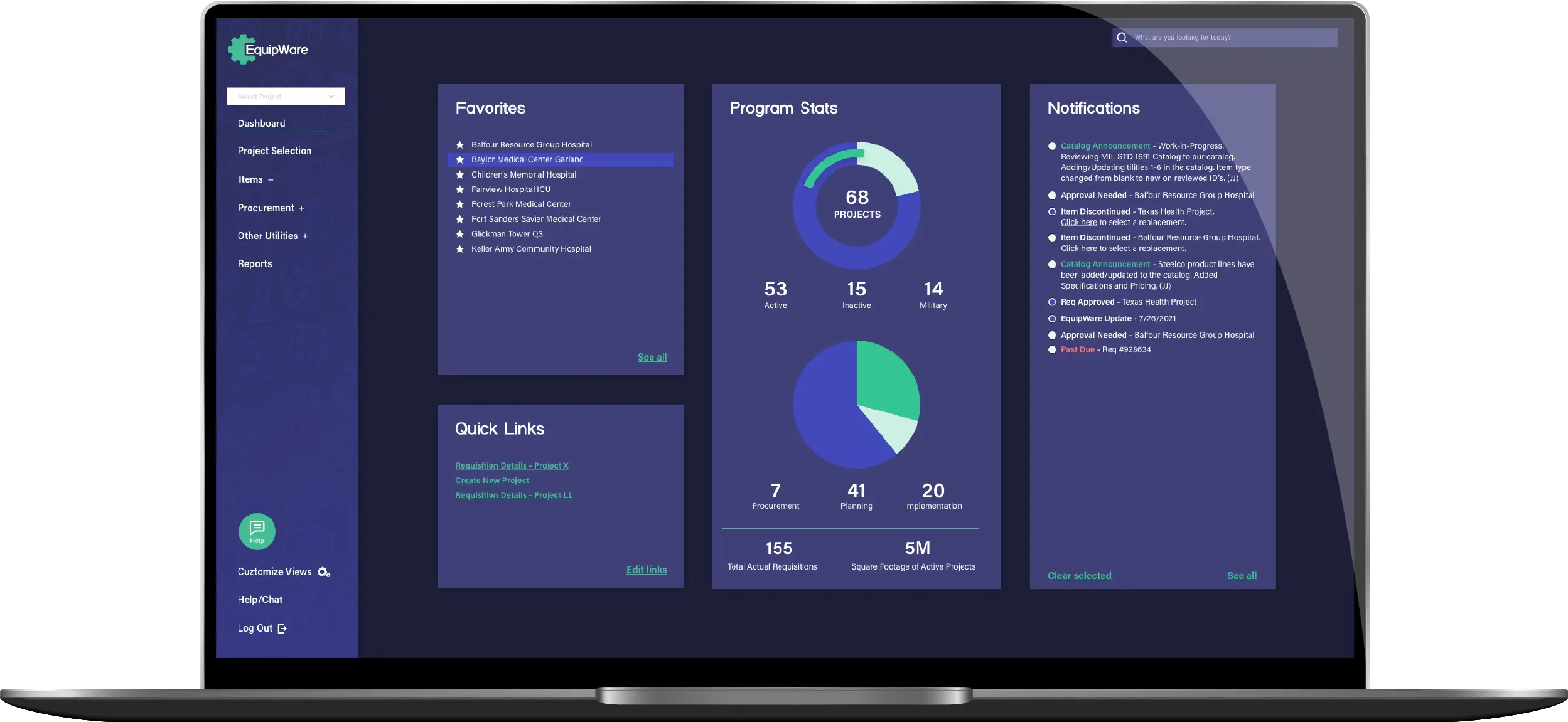 EquipWare dashboard on laptop